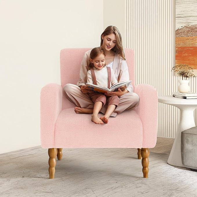 Chenille Fabric Accent Chair Set of 2, Upholstered Armchair with Solid Wood Legs, Modern Living Room Accent Chair, Comfy Single Sofa Chair Reading Club Chair for Bedroom Reception Lounge,Pink