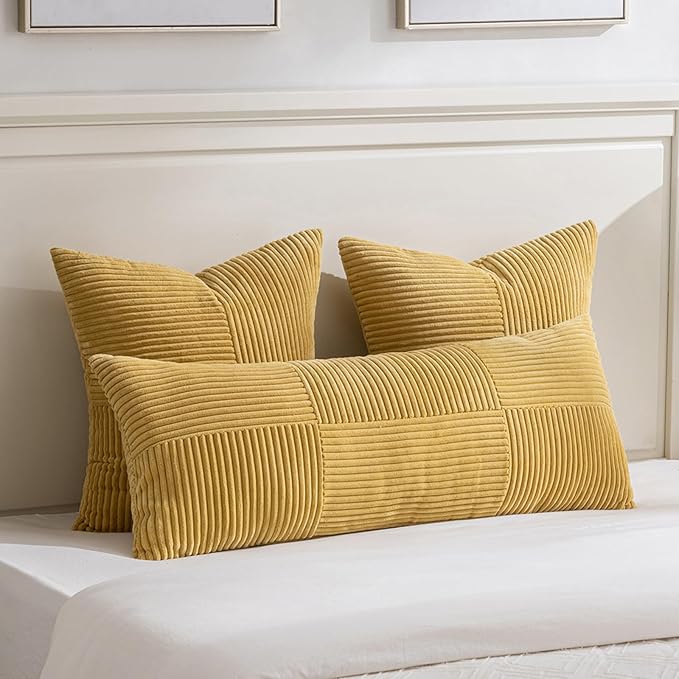 Fancy Homi 2 Packs Mustard Yellow Euro Decorative Throw Pillow Covers 28x28 Inch for Couch Bed, Farmhouse Boho Home Decor, Soft Corss Corduroy Patchwork Textured Square Cushion Case 71x71 cm