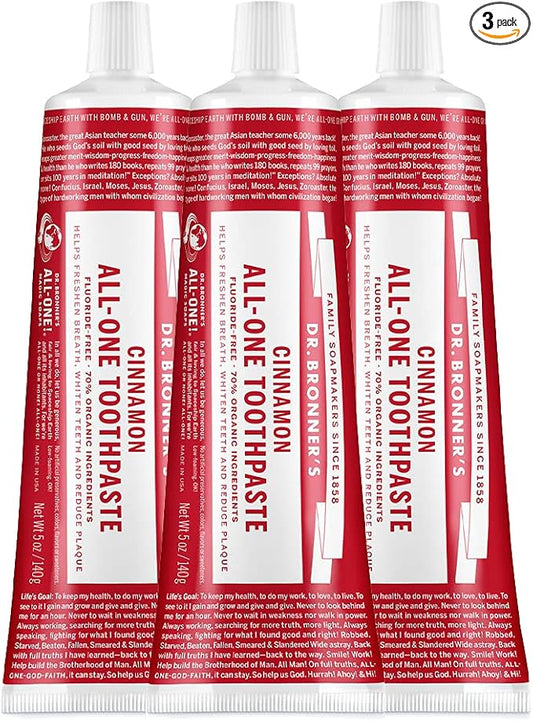 Dr. Bronner’s All-One Toothpaste– Cinnamon, 5 oz, 3-Pack– Fluoride-Free Toothpaste for Adults, SLS-Free, 70% Organic & Natural Ingredients, Vegan, Helps Freshen Breath, Reduce Plaque, Whiten Teeth