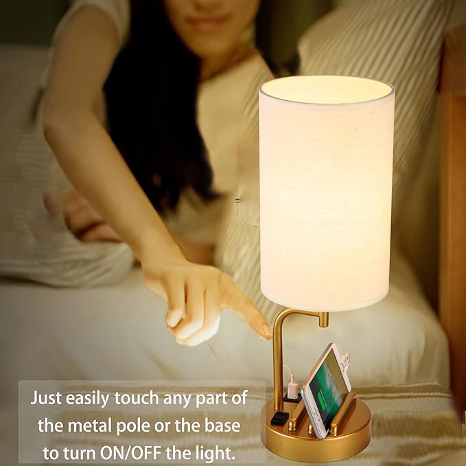 Dreamholder Touch Control USB Table Lamp, Upgraded 3-Way Dimmable Bedside Desk Lamp with USB C & A Charging Ports and AC Outlet, Nightstand Lamp for Bedroom, Dimmable Bulb Included, Gold