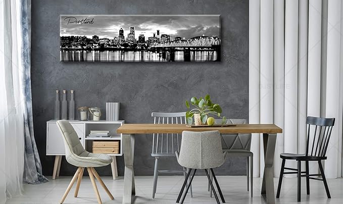 DJSYLIFE-Portland Skyline Canvas Print Modern City Landscape Wall Art USA Skyscraper Black and White Panoramic Night View Painting Office Living Room Home Decor Ready to Hang 13.8"x47.3"