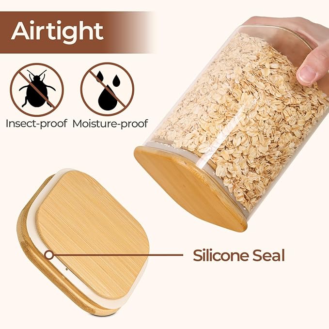 ComSaf 1.9 Qt Glass Storage Containers with Lids, Glass Jars with Lids, Clear Food Storage Jar, Square Canister Set of 3, Pantry Organizers and Storage for Flour Rice Pasta Tea Coffee Bean