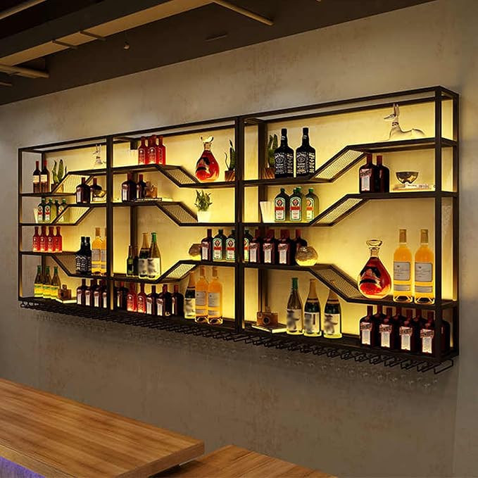 105in Large Wall Mounted Wine Rack with LED Light, 5-Tiers Liquor Bottles Display Shelf with Glasses Holder, Metal Home Bar Shelves with Iron Frame for Kitchen Dining Room (Black, 105in/8.72ft)