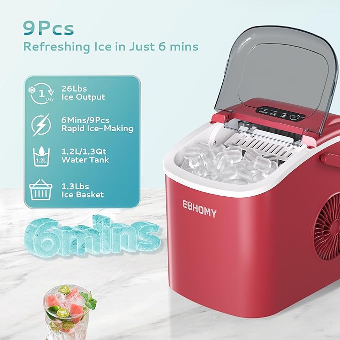 EUHOMY Countertop Ice Maker Machine with Handle, 26lbs Per Day, 9 Ice Cubes Ready in 6 Mins, Auto-Cleaning Portable Ice Maker with Basket and Scoop, for Home/Kitchen/Camping/RV (Red)