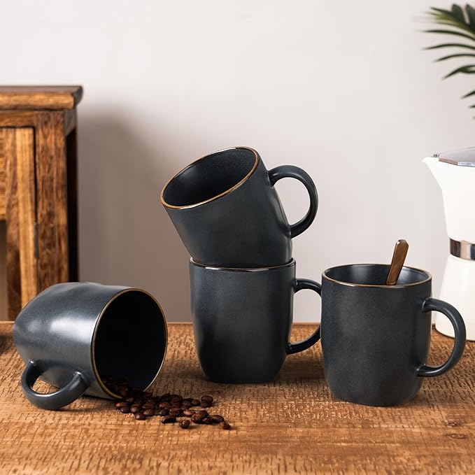 famiware Coffee Mugs Set of 4, Ocean Square 13oz Coffee Cup Set with Handle for Cocoa, Milk, Hot Chocolate, Tea, Water, Stoneware Cups for Kitchen, Microwave and Dishwasher Safe, Matte Black