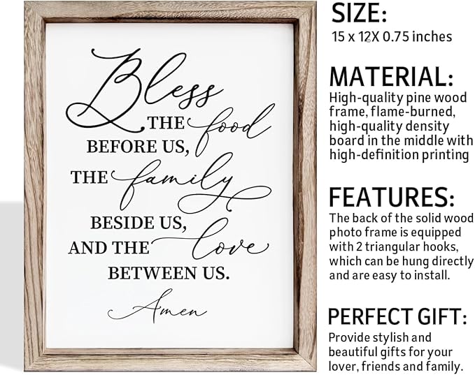 Christian Wooden Wall Sign, Dining Room Decors, Farmhouse Decor for Kitchen, Rustic Home Decor, Framed Wall Plaque Sign 15 * 11.5 inches, Bless the Food Before Us