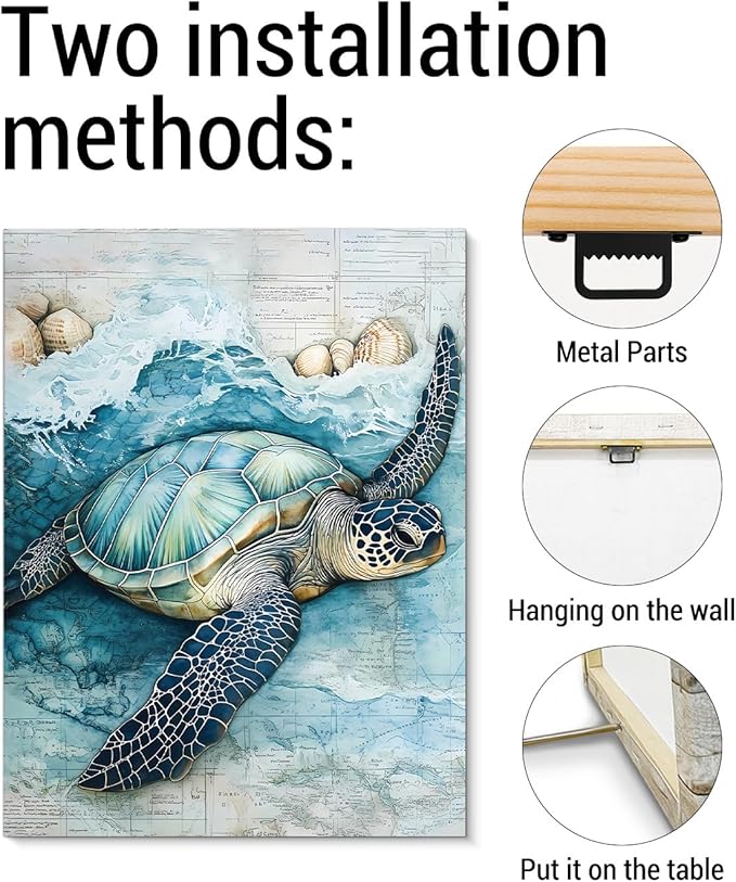 Coastal Sea Turtle Canvas Wall Art Turtle Nautical Ocean Theme Print Poster Framed Picture Painting for Home Beach House Bedroom Wall Decor 11x15 Inch