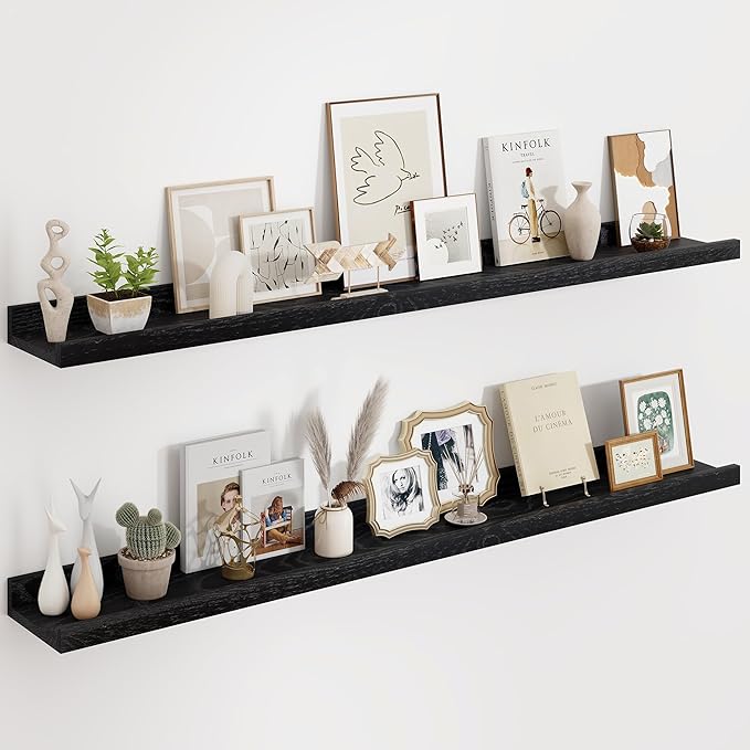 Floating Picture Ledge Shelves 55 Inch Solid Oak Wood Set of 2, Rustic Wall Storage Shelves with Lip, Kids Bookshelf, Photo & Picture Ledge Shelves for Bedroom, Living Room, Kitchen