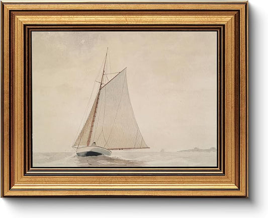 Gold Framed Vintage Wall Art for Living Room, Seaview Painting Prints Shelf Decor for Kitchen, Aesthetic Bedroom Wall Art, Christmas Gifts for Friends or Family (White Sailboat - 8"x10")