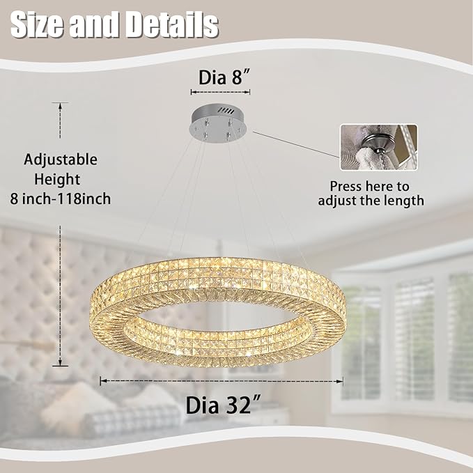 Dia 32" Ring Crystal Chandelier Modern Silver Ring Chandelier Adjustable Height Luxury Crystal Pendant Ceiling Light Fixture for Dining Living Room Bedroom