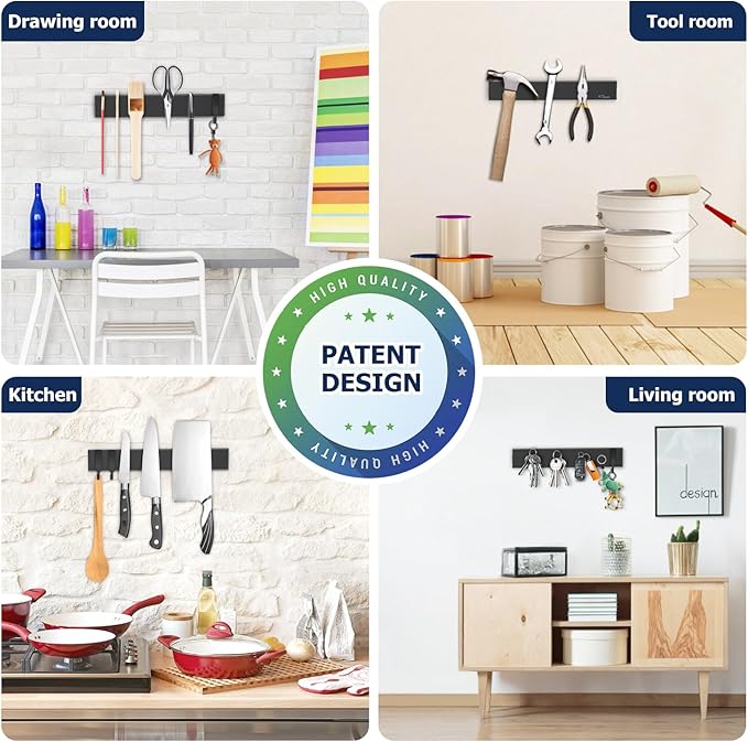 Dmore magnetic knife holder for wall—with 2 hooks, No Drilling 12 Inch black knife magnetic strip, Powerful knife magnet rack, include Adhesive Tape and screws for Knives, Utensils, and Tools