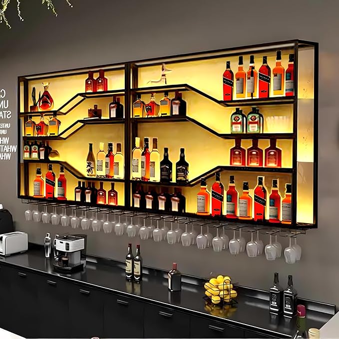 105in Large Wall Mounted Wine Rack with LED Light, 5-Tiers Liquor Bottles Display Shelf with Glasses Holder, Metal Home Bar Shelves with Iron Frame for Kitchen Dining Room (Black, 105in/8.72ft)