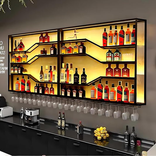 105in Large Wall Mounted Wine Rack with LED Light, 5-Tiers Liquor Bottles Display Shelf with Glasses Holder, Metal Home Bar Shelves with Iron Frame for Kitchen Dining Room (Black, 105in/8.72ft)