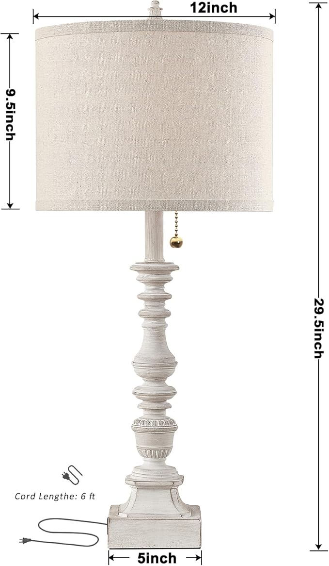 Farmhouse Table Lamps for Bedroom Set of 2, 29.5" Tall Rustic Bedside Lamp with USB Ports and AC Outlet, Vintage Nightstand Table Lamp for Living Room with Linen Drum Shade, White, Pull Chain