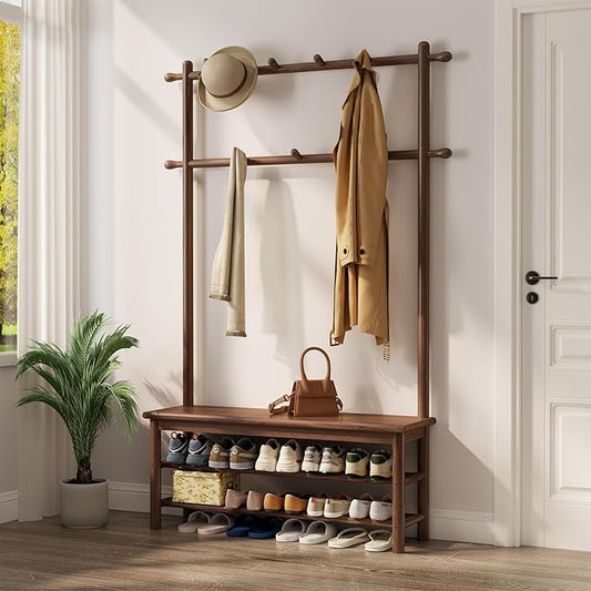 Coat Rack with Shoe Storage, Wooden Hall Tree with Bench, 11 Hooks and 2-Tier Storage Shelves, 3-in-1, Entryway Bench with Coat Rack (39.3"-Walnut)