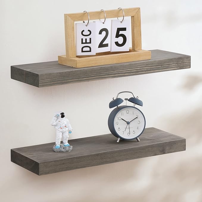 Fun Memories European Pine Floating Shelves for Wall, Mounted Shelf for Decor Storage Set of 2 - Natural Rustic Wooden Wall Shelf for Kitchen Bathroom Living Room Bedroom Farmhouse - Grey