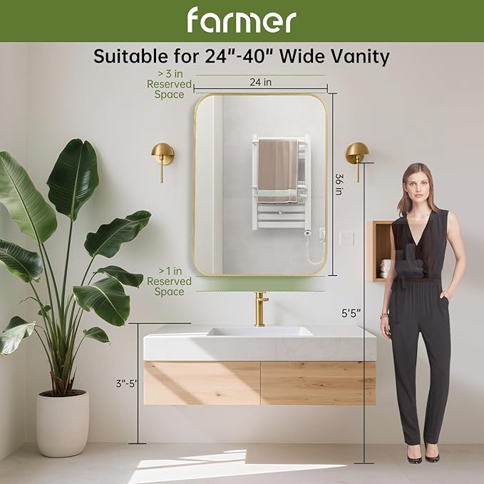 FARMER 24x36 Inch Gold Bathroom Mirror, Rectangle Vanity Mirror, Brushed Mirrors for Wall, Metal Frame Hanging Mirror with Round Corner for Bedrooms, Entryways, Living Rooms, Horizontal/Vertical