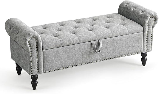 Furniliving 51” Bedroom Bench, End of Bed Bench with Button-Tufted Large Upholstered Storage Bench Ottoman Linen Window Benches with Storage Shoe Cabinet, for Bedroom, Entryway, Closet, Grey