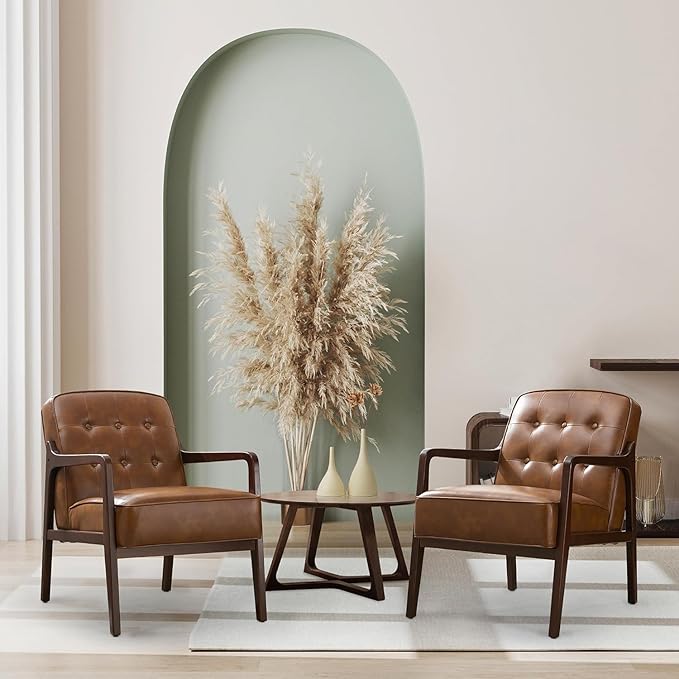 Faux Leather Accent Chair Set of 2, Mid Century Chair for Living Room, Upholstered Comfy Lounge Armchair with Solid Wood Frame, Modern Chair for Bedroom,105°Ergonomic Comfort, Brown