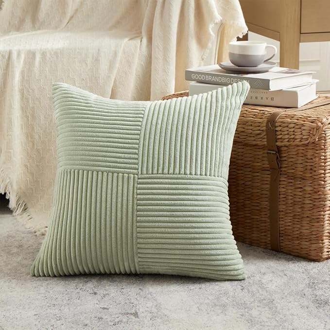 Fancy Homi 2 Packs Sage Green Euro Decorative Throw Pillow Covers 28x28 Inch for Bedroom Couch Bed, Farmhouse Boho Home Decor, Soft Corss Corduroy Patchwork Textured Square Cushion Case 71x71 cm