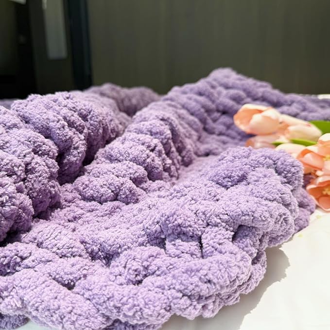 Chunky Knit Blanket Throw 48"x71", Chenille Throw Blankets, Handmade Warm & Cozy Blanket Couch Bed Home Decor, Soft Breathable Fleece Banket, Christmas for Couch Bed Sofa Best Gift (Purple)