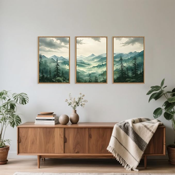 Green Foggy Mountain Framed Canvas Wall Art Set, Misty Forest Wall Decor, Watercolor Pine Tree Wall Painting, Large Nature Landscape Art Print for Living Room, Bedroom, Office - 16"X24"X3