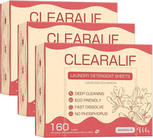 CLEARALIF Laundry Detergent Sheets Up to 160 Loads, Magnolia - Great For Travel,Apartments, Dorms,Laundry Detergent Strips Eco Friendly & Hypoallergenic - 3 PACK