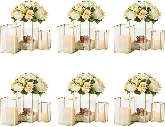 Glass Hurricane Candle Holder Large - Hewory 18pcs Gold Rectangle Flower Holders Centerpiece for Table, Tall Floor Square Pillar Candle Lantern for Wedding, Anniversary, Party, Fireplace, Dining Room