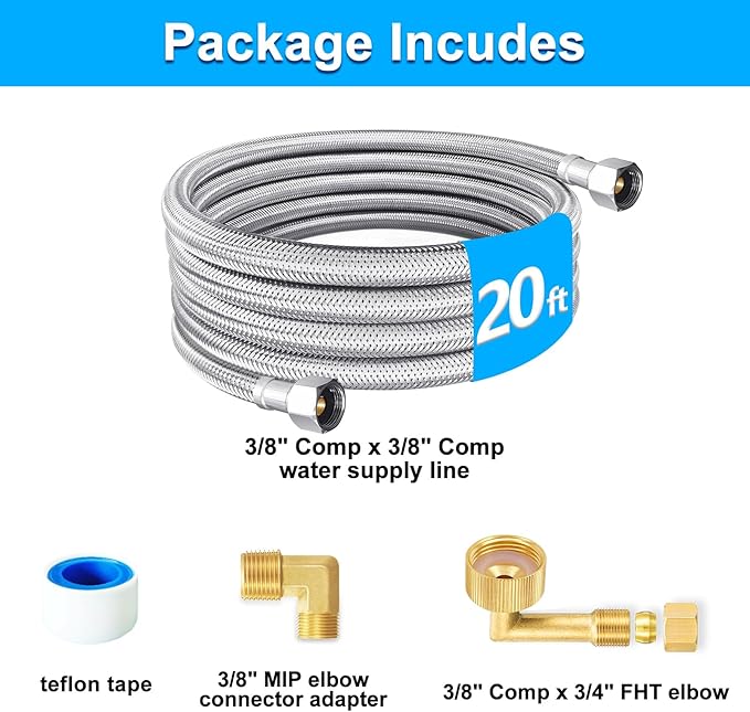 Dishwasher Installation Kit - 20 FT Premium Stainless Steel Braided Dishwasher Hose kit,Food Grade PEX Inner Tube Dishwasher Water Supply Line with 3/8"x3/8"MIP Elbow,3/8"x 3/4" FHT Elbow