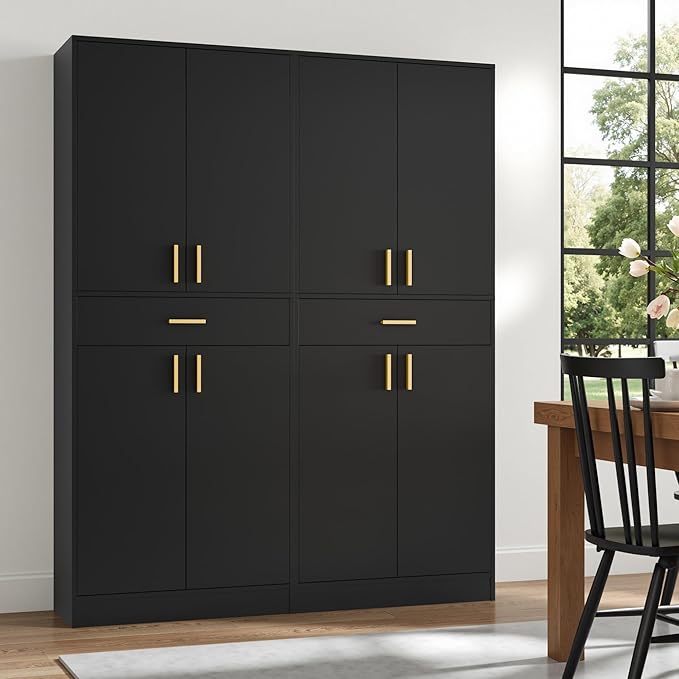 Cozy Castle Pantry Cabinet, 71" Tall Kitchen Storage Cabinet with Doors and Shelves, Freestanding Wood Cupboard Utility Hutch with Drawer for Dining Room Living Room Bathroom Furniture, Black