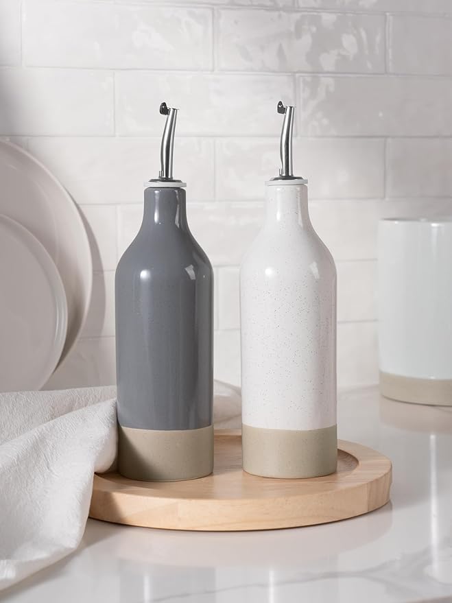 famiware Milkyway 16oz Ceramic Olive Oil Dispenser Bottle, Olive Oil and Vinegar Dispenser Bottle Set of 2 with Stainless Steel Pourers, Suitable for Storage Vinegar, Liquids, White and Dark Gray