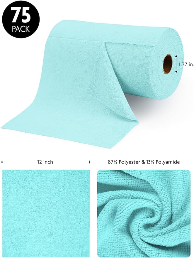 Fantasticlean Microfiber Cleaning Cloth Roll -75 Pack, Tear Away Microfiber Towels, 12" x 12", Reusable, Washable, Scratch Free, Ultra Absorbent Dish Rags for Car, Home, Garage or Shop (Blue)