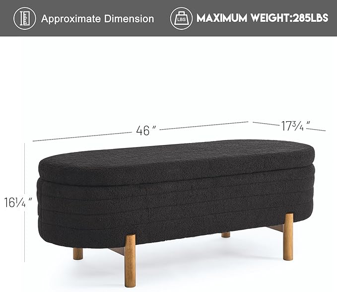 Furniliving 46” Storage Benches, End of Bed Bench with Button-Tufted Large Upholstered Storage Ottoman Teddy Window Bench with Storage Shoe Cabinet Bench, for Bedroom, Entryway, Closet, Black