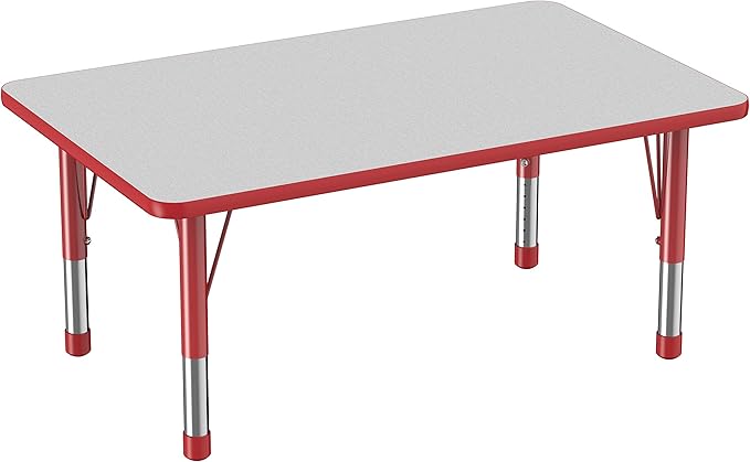 FDP Rectangle Activity School and Classroom Kids Table (30 x 48 inch), Chunky Toddler Legs, Adjustable Height 15-24 inches - Gray Top and Red Edge