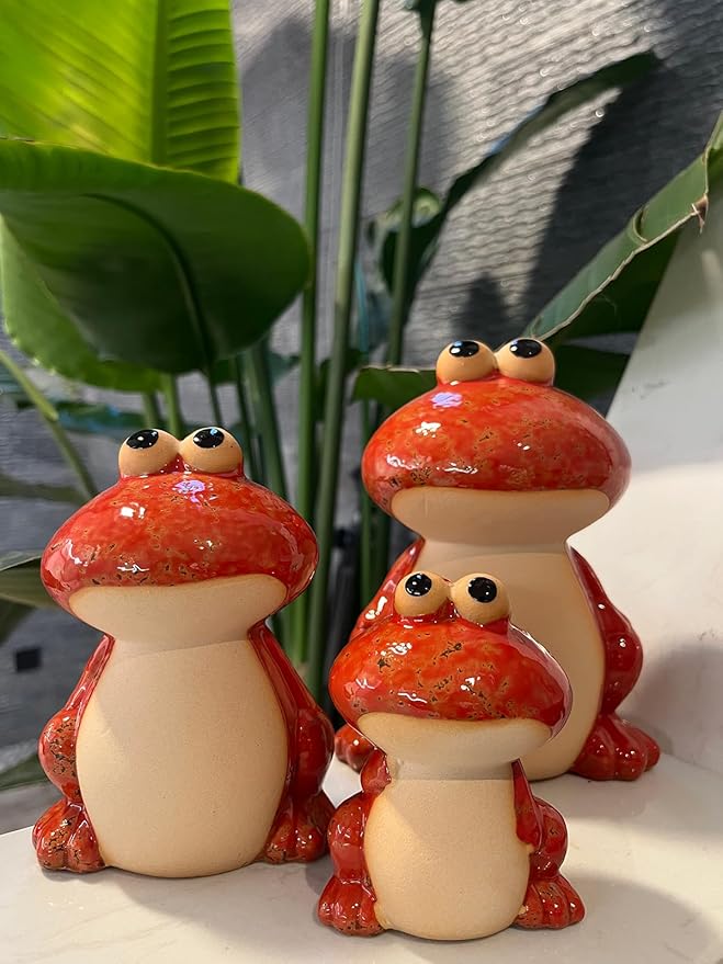 Frog Garden Decor Set of 3,Funny Cute Ceramic Frog Garden Statues Yard Decoration Outdoor Holiday Decorations,Ideal Ornament for Outside Pond Pool Patio Front Porch Backyard (Red)