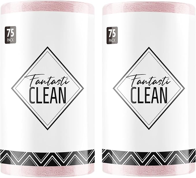 Fantasticlean Microfiber Cleaning Cloth Roll -150 Sheets, Tear Away Microfiber Towels, 12" x 12", Reusable Washable, Ultra Absorbent Dish Rags for Car, Home, Garage or Shop (2 Rolls of Pink)