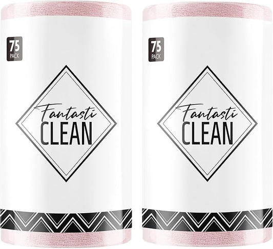 Fantasticlean Microfiber Cleaning Cloth Roll -150 Sheets, Tear Away Microfiber Towels, 12" x 12", Reusable Washable, Ultra Absorbent Dish Rags for Car, Home, Garage or Shop (2 Rolls of Pink)