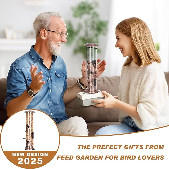 FEED GARDEN Metal Bird Feeders for Outdoors Hanging, 6-Port Tube BirdFeeders for Outside, Finch Feeders for Outside, Brushed Copper Finishing, Bird Feeder with Heavy Duty Metal Lid, Chew-Proof 1 Pack