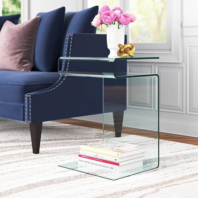 Glass Nightstand,Side Table,S-Shaped End Table for Living Room,Bedside Table for Bedroom (Clear)