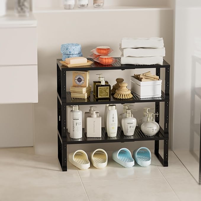 Expandable Spice Rack,Stackable Storage for Cabinet, Multi-Functional Kitchen Shelving,Height-Adjustable,Sustainable Organizer Solution(3Packs/Black/Medium)