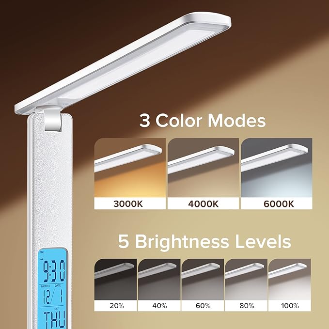 Desk Lamp with Wireless Charger: USB Charging Port, Table Lamp with Clock, Desk Lamps for Home Office College Dorm Room Essentials