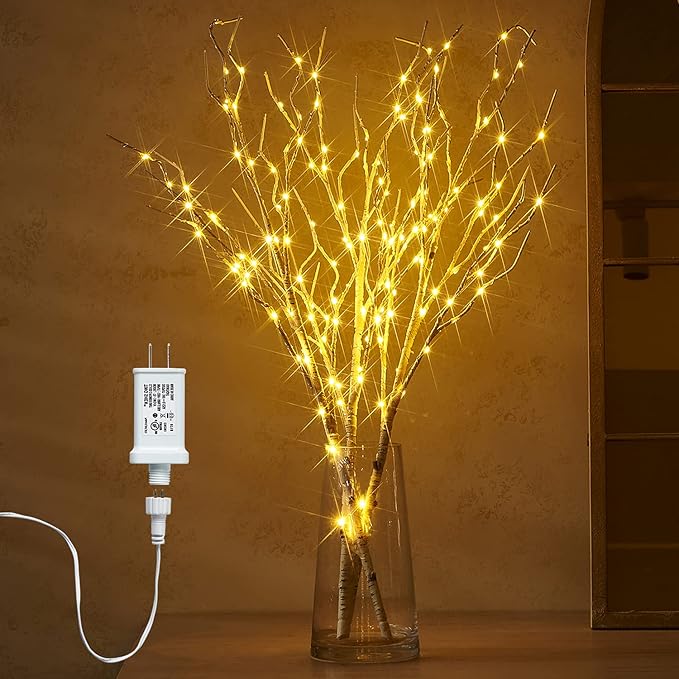 Fudios Lighted Branches 150 LED Fairy Lights with Timer 32in Plug in, Electric Lit White Birch Twigs for Vase Christmas Inside Outside Decor