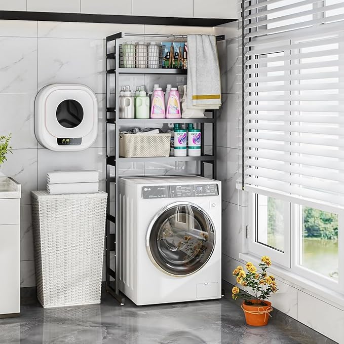 Dryer Storage Shel andf Over The Washer - Adjustable 4-Tier Heavy Duty Laundry Room Organizer, All Carbon Steel Standing Shelf with Hanging Rod, Anti-Tip Design, Super Stable 29.93" L x 11" D x 73" H