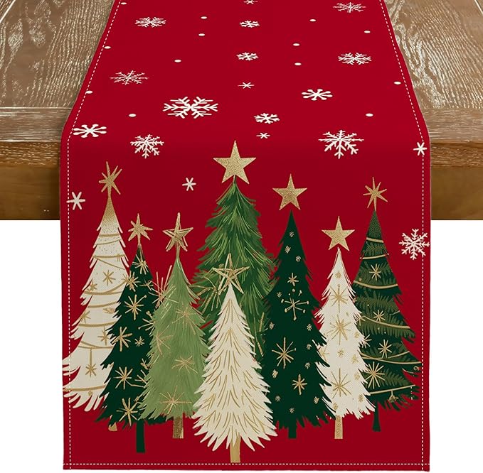 GEEORY Christmas Table Runner 13x120 Inch, Xmas Trees Snowflakes Holiday Decorative Farmhouse Table Decoration for Kitchen Dinning, Indoor Outdoor Dinner Party Decor (Red) GT150-120
