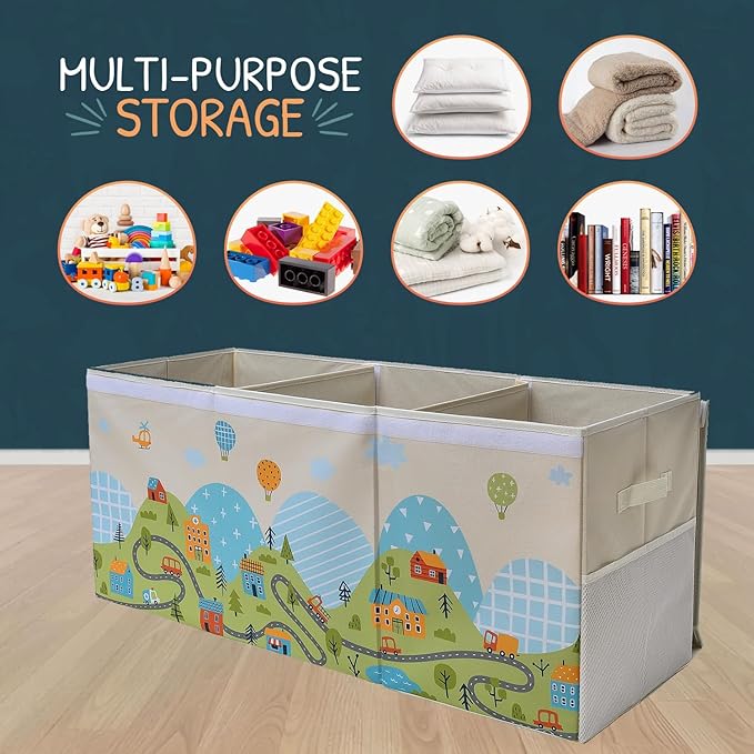Extra Large Toy Storage Organizer with Lid - Sturdy, Collapsible Toy Chest Storage Box with Cute Design - Toys Bin with Dividers for Kids, Boys, Girls, Nursery, Bedroom, Play room 37"x16"x14"