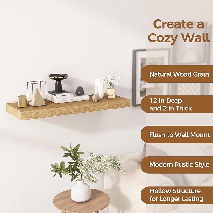 Floating Shelves 30 Inch Long, 12 Inch Deep Floating Shelf for Books, Rustic Wood 30 x 12 Storage Shelves for Wall Storage & Display, Thicked Wall Shelf for Kitchen, Living Room, Oak Color, 1 Pack