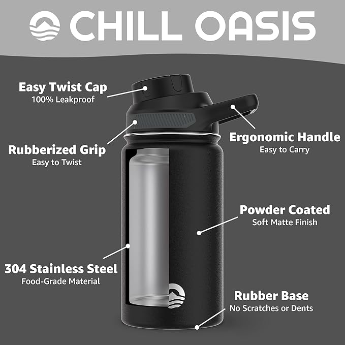 Chill Oasis Water Bottle | Compatible With Popular Flavor Cartridges | BPA Free, Leak Proof, Double-Walled Vacuum Insulated Stainless Steel, and Dishwasher Safe | Cold for 24 Hours (Black, 12oz)
