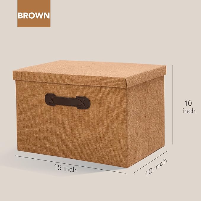 Enzk&Unity Decorative Storage Bins with Lids, Fabric Linen Foldable Storage Box with Handle Home Organizer for Shelf, Closet, Bedroom, Living Room, Office, 3 Packs, Brown
