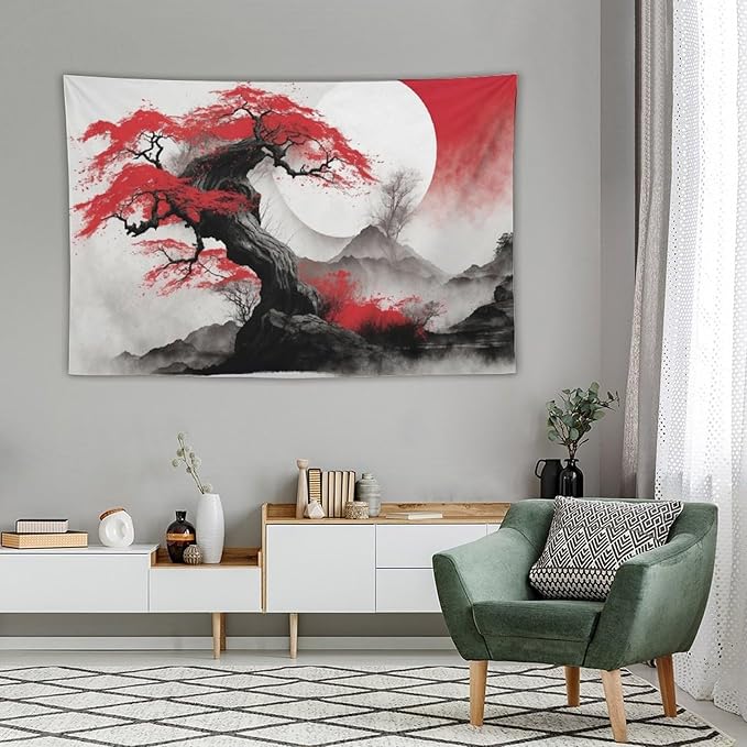 Cherry Blossoms Tapestry, Japanese Red Landscape Asian Watercolor Abstract Art, Bedroom Living Room Decor 90"x60"