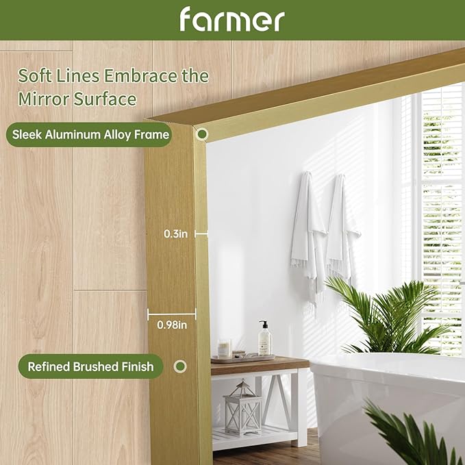 FARMER 26x38 Inch Gold Bathroom Mirror, Rectangle Wall Mounted Mirror, Vanity Mirror, Brushed Square Mirror, Framed Bathroom Mirror for Bedrooms, Entryways, Living Rooms, Horizontal/Vertical